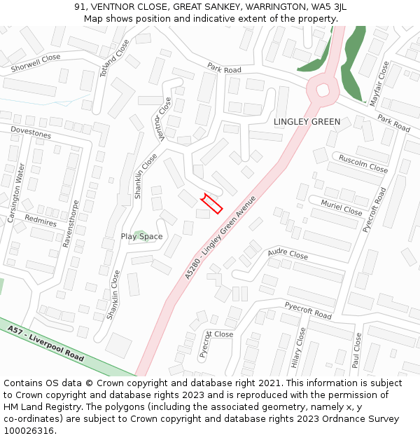 91, VENTNOR CLOSE, GREAT SANKEY, WARRINGTON, WA5 3JL: Location map and indicative extent of plot