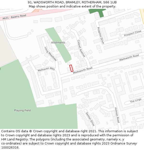 91, WADSWORTH ROAD, BRAMLEY, ROTHERHAM, S66 1UB: Location map and indicative extent of plot