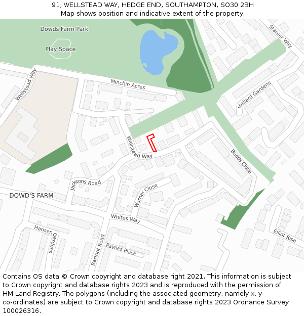 91, WELLSTEAD WAY, HEDGE END, SOUTHAMPTON, SO30 2BH: Location map and indicative extent of plot