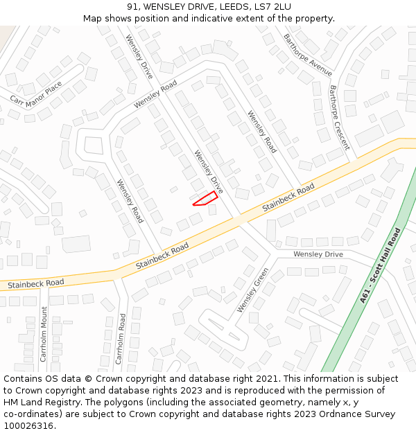 91, WENSLEY DRIVE, LEEDS, LS7 2LU: Location map and indicative extent of plot