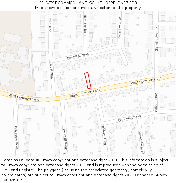 91, WEST COMMON LANE, SCUNTHORPE, DN17 1DR: Location map and indicative extent of plot