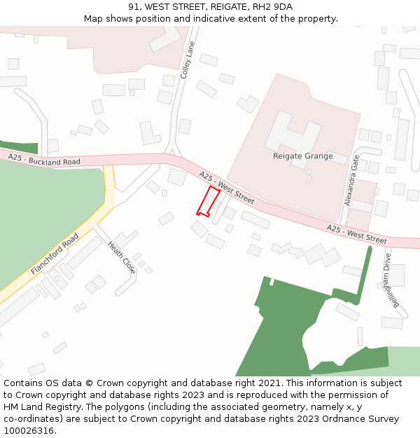 91, WEST STREET, REIGATE, RH2 9DA: Location map and indicative extent of plot