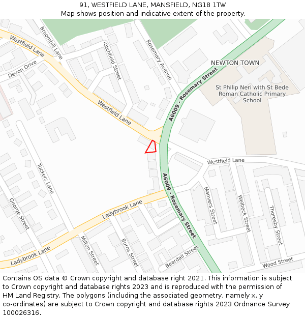 91, WESTFIELD LANE, MANSFIELD, NG18 1TW: Location map and indicative extent of plot