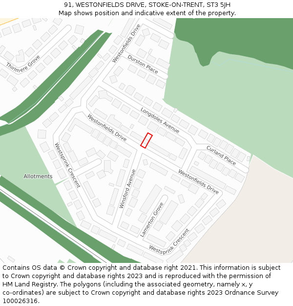 91, WESTONFIELDS DRIVE, STOKE-ON-TRENT, ST3 5JH: Location map and indicative extent of plot