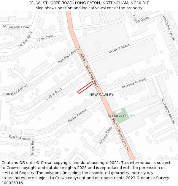 91, WILSTHORPE ROAD, LONG EATON, NOTTINGHAM, NG10 3LE: Location map and indicative extent of plot