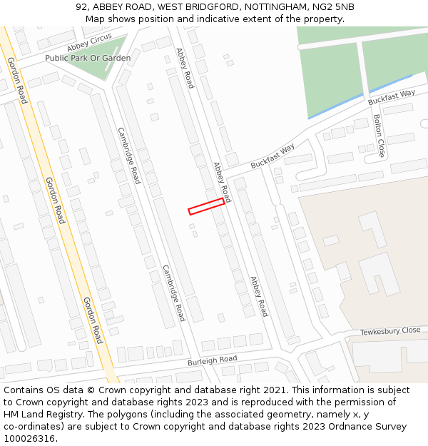 92, ABBEY ROAD, WEST BRIDGFORD, NOTTINGHAM, NG2 5NB: Location map and indicative extent of plot