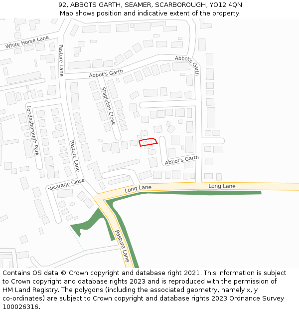 92, ABBOTS GARTH, SEAMER, SCARBOROUGH, YO12 4QN: Location map and indicative extent of plot