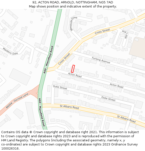 92, ACTON ROAD, ARNOLD, NOTTINGHAM, NG5 7AD: Location map and indicative extent of plot