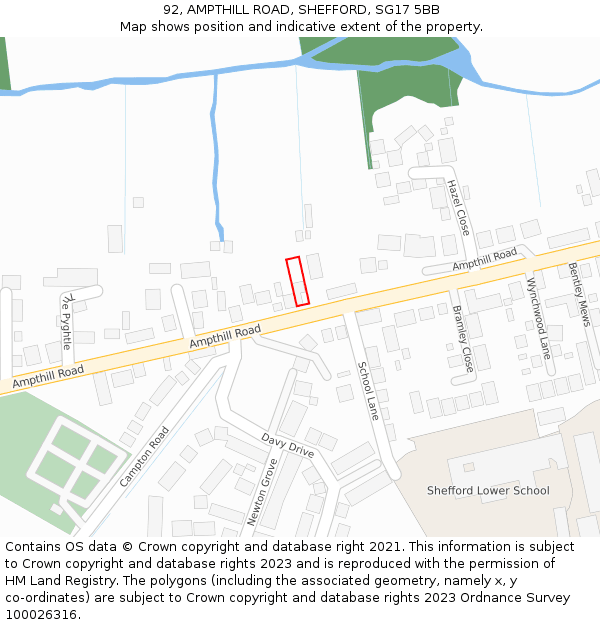 92, AMPTHILL ROAD, SHEFFORD, SG17 5BB: Location map and indicative extent of plot