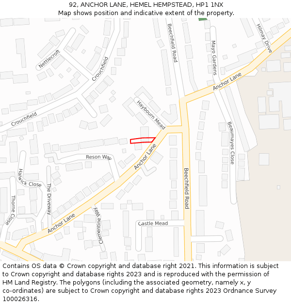 92, ANCHOR LANE, HEMEL HEMPSTEAD, HP1 1NX: Location map and indicative extent of plot