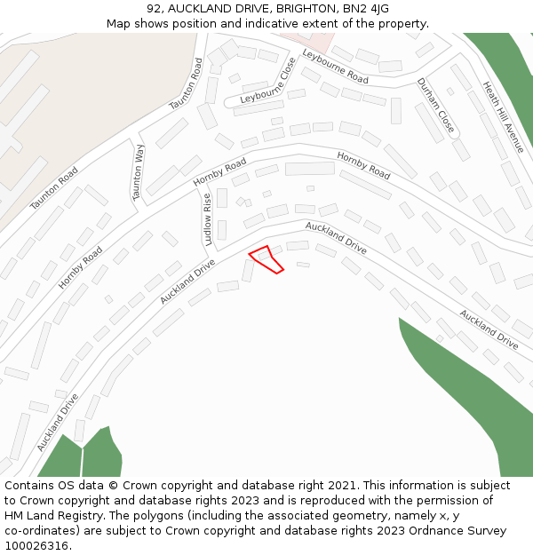 92, AUCKLAND DRIVE, BRIGHTON, BN2 4JG: Location map and indicative extent of plot