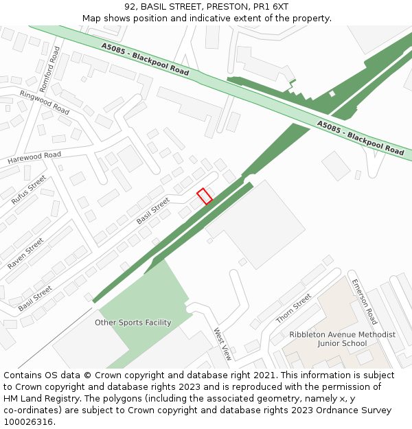92, BASIL STREET, PRESTON, PR1 6XT: Location map and indicative extent of plot