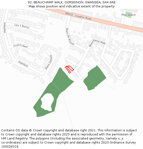 92, BEAUCHAMP WALK, GORSEINON, SWANSEA, SA4 6AE: Location map and indicative extent of plot