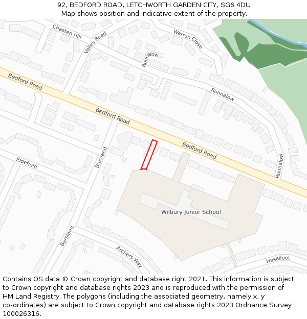 92, BEDFORD ROAD, LETCHWORTH GARDEN CITY, SG6 4DU: Location map and indicative extent of plot