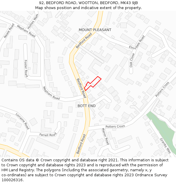 92, BEDFORD ROAD, WOOTTON, BEDFORD, MK43 9JB: Location map and indicative extent of plot