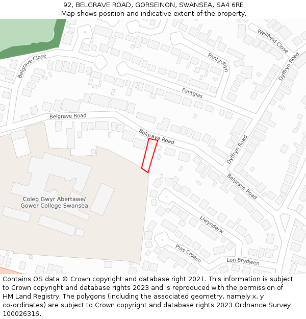 92, BELGRAVE ROAD, GORSEINON, SWANSEA, SA4 6RE: Location map and indicative extent of plot