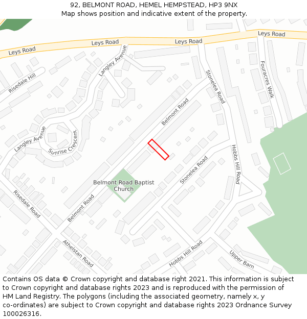 92, BELMONT ROAD, HEMEL HEMPSTEAD, HP3 9NX: Location map and indicative extent of plot