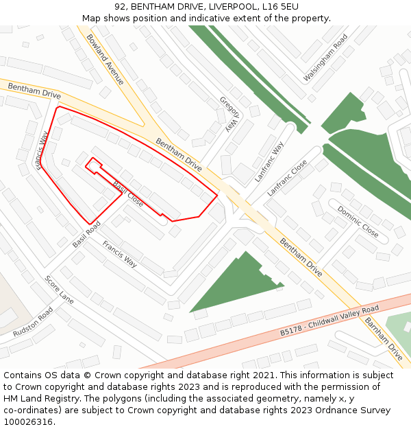 92, BENTHAM DRIVE, LIVERPOOL, L16 5EU: Location map and indicative extent of plot