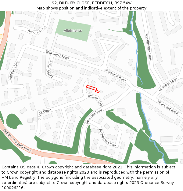 92, BILBURY CLOSE, REDDITCH, B97 5XW: Location map and indicative extent of plot