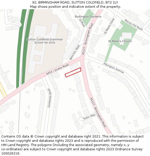 92, BIRMINGHAM ROAD, SUTTON COLDFIELD, B72 1LY: Location map and indicative extent of plot