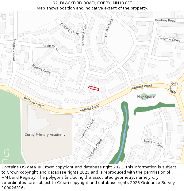 92, BLACKBIRD ROAD, CORBY, NN18 8FE: Location map and indicative extent of plot