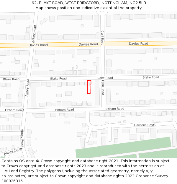 92, BLAKE ROAD, WEST BRIDGFORD, NOTTINGHAM, NG2 5LB: Location map and indicative extent of plot