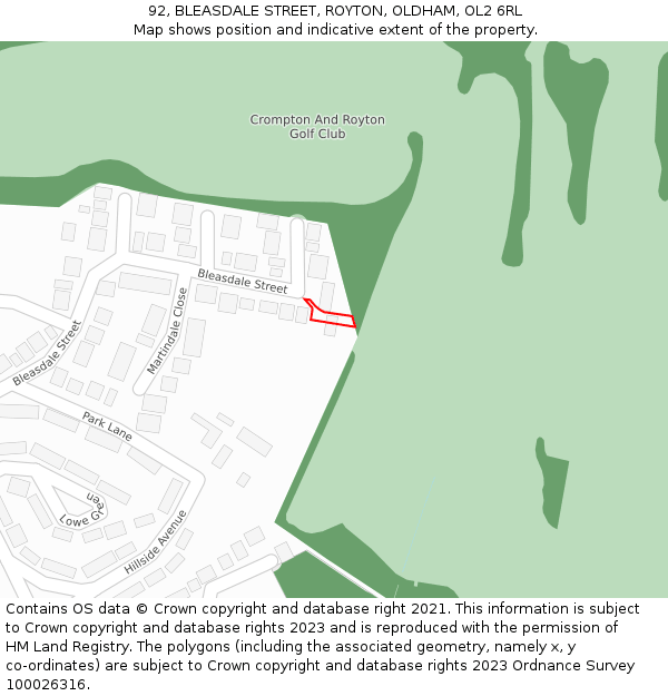 92, BLEASDALE STREET, ROYTON, OLDHAM, OL2 6RL: Location map and indicative extent of plot