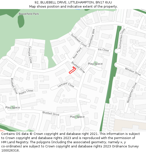 92, BLUEBELL DRIVE, LITTLEHAMPTON, BN17 6UU: Location map and indicative extent of plot