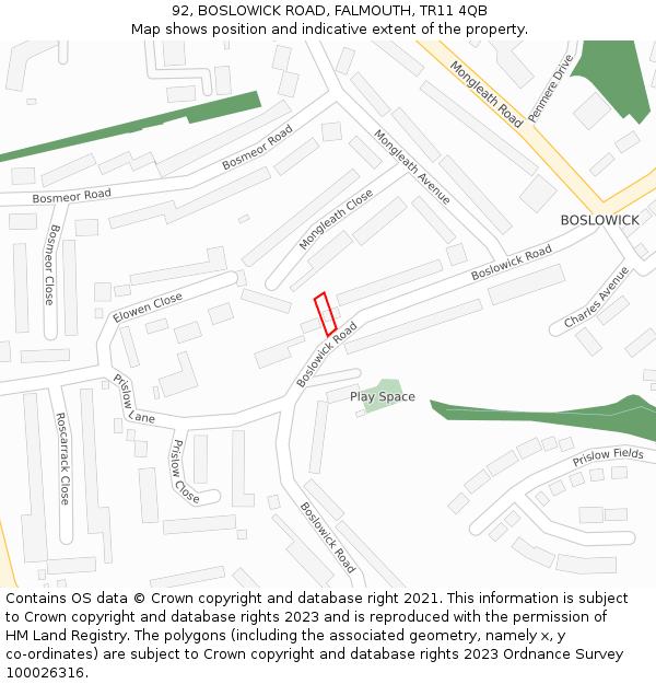 92, BOSLOWICK ROAD, FALMOUTH, TR11 4QB: Location map and indicative extent of plot