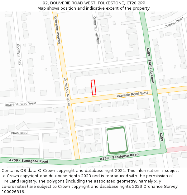 92, BOUVERIE ROAD WEST, FOLKESTONE, CT20 2PP: Location map and indicative extent of plot