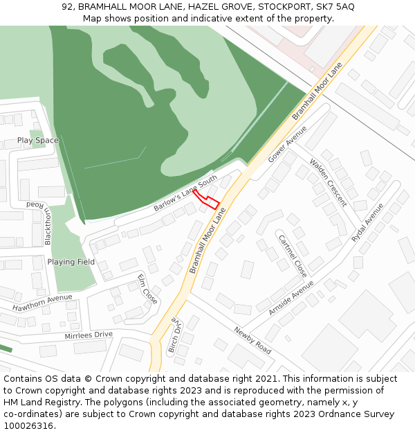 92, BRAMHALL MOOR LANE, HAZEL GROVE, STOCKPORT, SK7 5AQ: Location map and indicative extent of plot