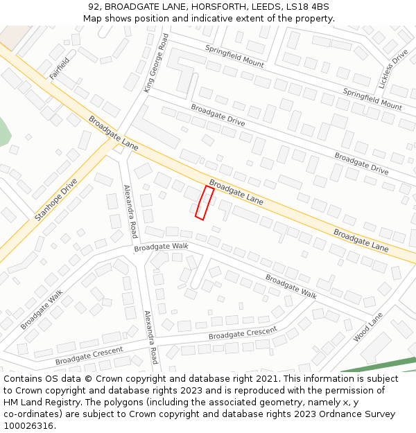 92, BROADGATE LANE, HORSFORTH, LEEDS, LS18 4BS: Location map and indicative extent of plot