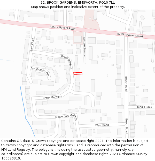 92, BROOK GARDENS, EMSWORTH, PO10 7LL: Location map and indicative extent of plot