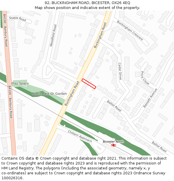 92, BUCKINGHAM ROAD, BICESTER, OX26 4EQ: Location map and indicative extent of plot