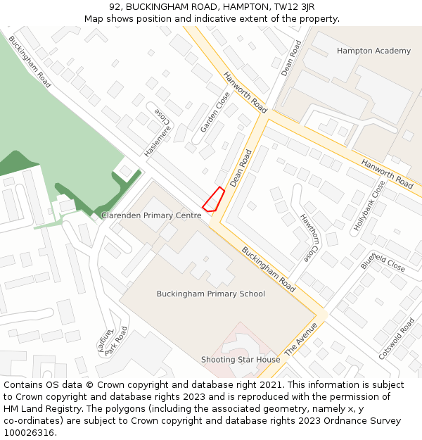 92, BUCKINGHAM ROAD, HAMPTON, TW12 3JR: Location map and indicative extent of plot