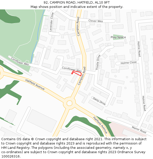 92, CAMPION ROAD, HATFIELD, AL10 9FT: Location map and indicative extent of plot