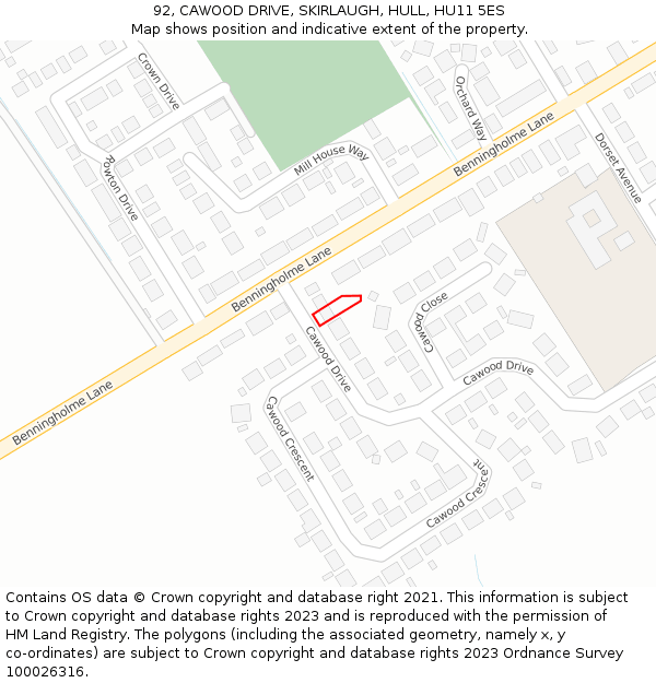 92, CAWOOD DRIVE, SKIRLAUGH, HULL, HU11 5ES: Location map and indicative extent of plot