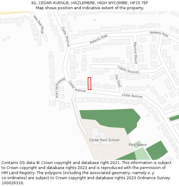 92, CEDAR AVENUE, HAZLEMERE, HIGH WYCOMBE, HP15 7EF: Location map and indicative extent of plot