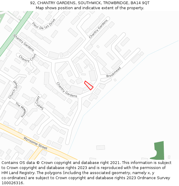 92, CHANTRY GARDENS, SOUTHWICK, TROWBRIDGE, BA14 9QT: Location map and indicative extent of plot
