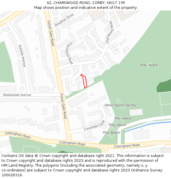 92, CHARNWOOD ROAD, CORBY, NN17 1YR: Location map and indicative extent of plot