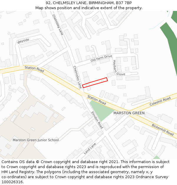 92, CHELMSLEY LANE, BIRMINGHAM, B37 7BP: Location map and indicative extent of plot