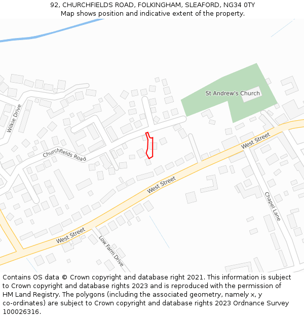 92, CHURCHFIELDS ROAD, FOLKINGHAM, SLEAFORD, NG34 0TY: Location map and indicative extent of plot