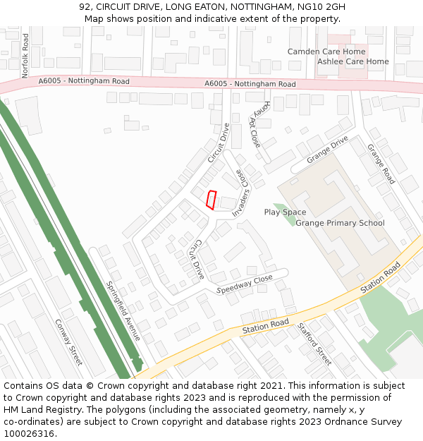 92, CIRCUIT DRIVE, LONG EATON, NOTTINGHAM, NG10 2GH: Location map and indicative extent of plot