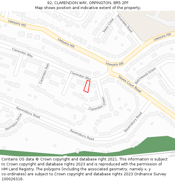 92, CLARENDON WAY, ORPINGTON, BR5 2PF: Location map and indicative extent of plot