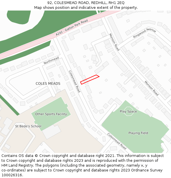 92, COLESMEAD ROAD, REDHILL, RH1 2EQ: Location map and indicative extent of plot