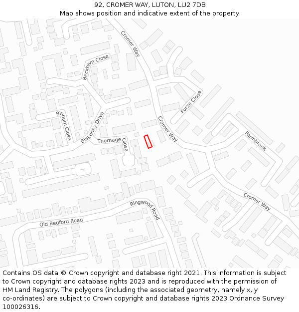 92, CROMER WAY, LUTON, LU2 7DB: Location map and indicative extent of plot