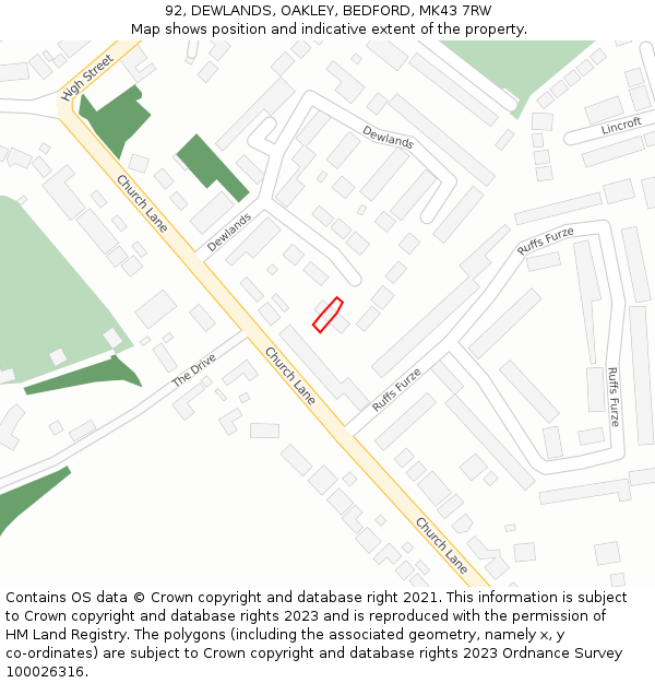 92, DEWLANDS, OAKLEY, BEDFORD, MK43 7RW: Location map and indicative extent of plot