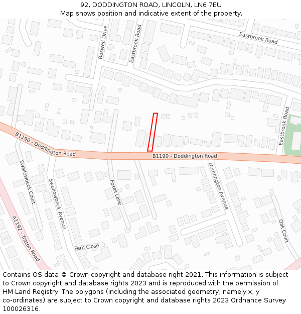 92, DODDINGTON ROAD, LINCOLN, LN6 7EU: Location map and indicative extent of plot