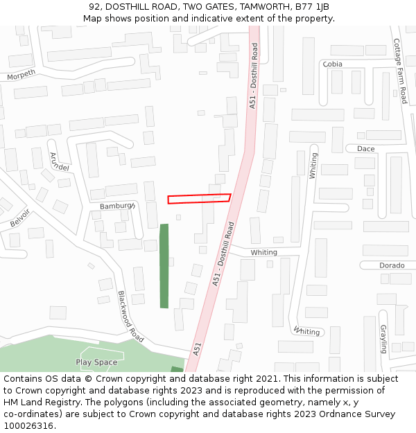 92, DOSTHILL ROAD, TWO GATES, TAMWORTH, B77 1JB: Location map and indicative extent of plot