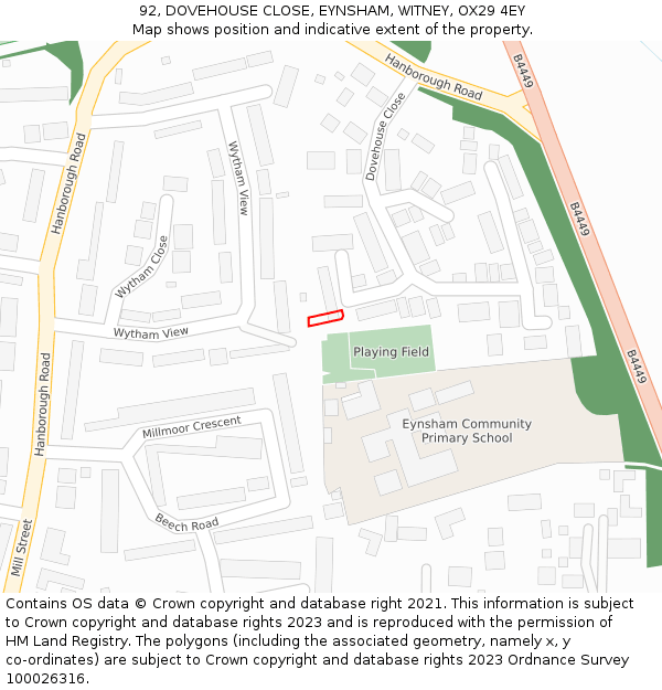 92, DOVEHOUSE CLOSE, EYNSHAM, WITNEY, OX29 4EY: Location map and indicative extent of plot